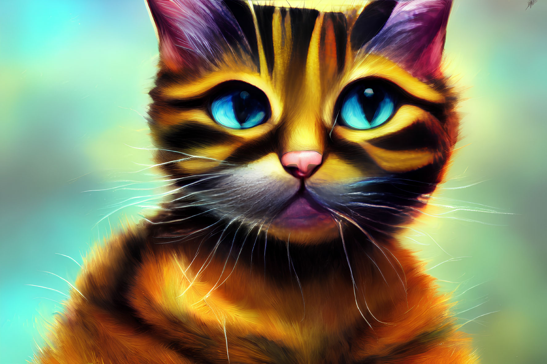 Vibrant digital artwork featuring a cat with blue eyes and intricate fur patterns