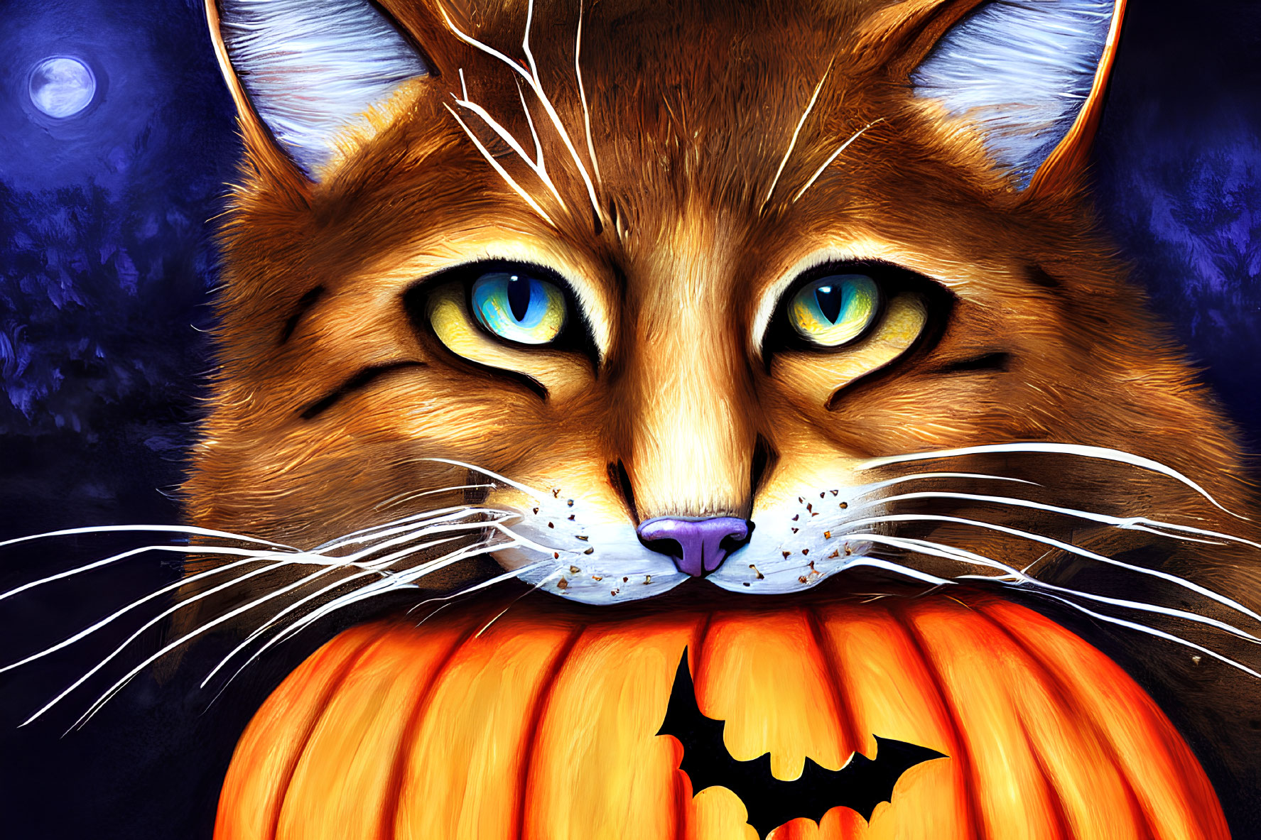 Orange Cat with Blue Eyes Resting on Pumpkin with Bat Silhouette