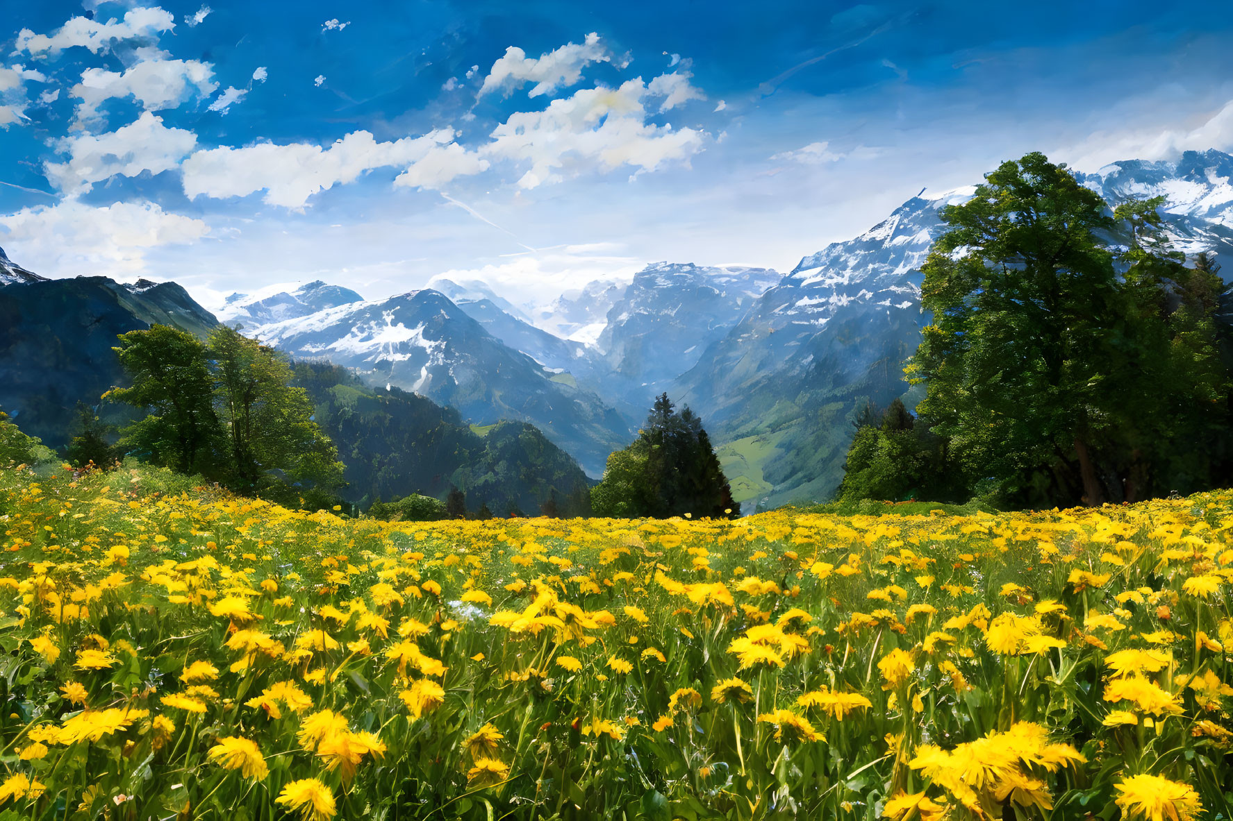 Scenic landscape with yellow flowers, green trees, and snow-capped mountains