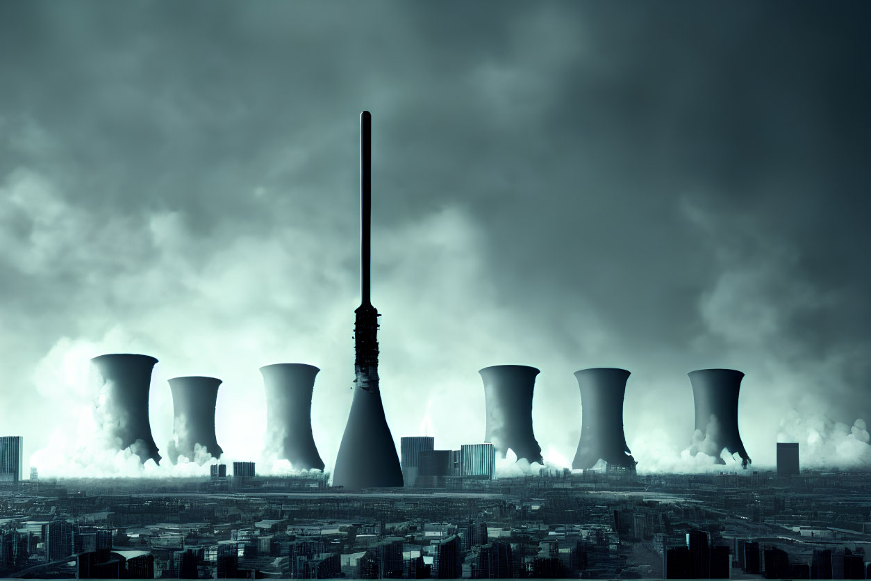 Industrial landscape with cooling towers, central tower, and city under cloudy sky