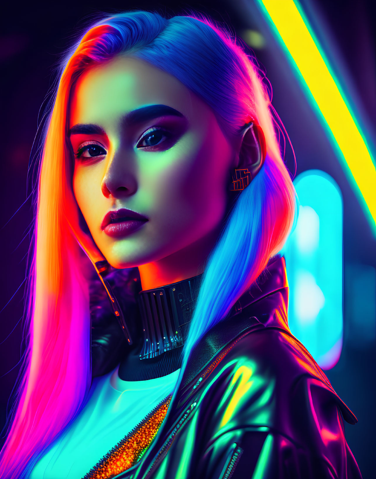 Platinum Blonde Woman in Neon-lit Scene with Futuristic Style