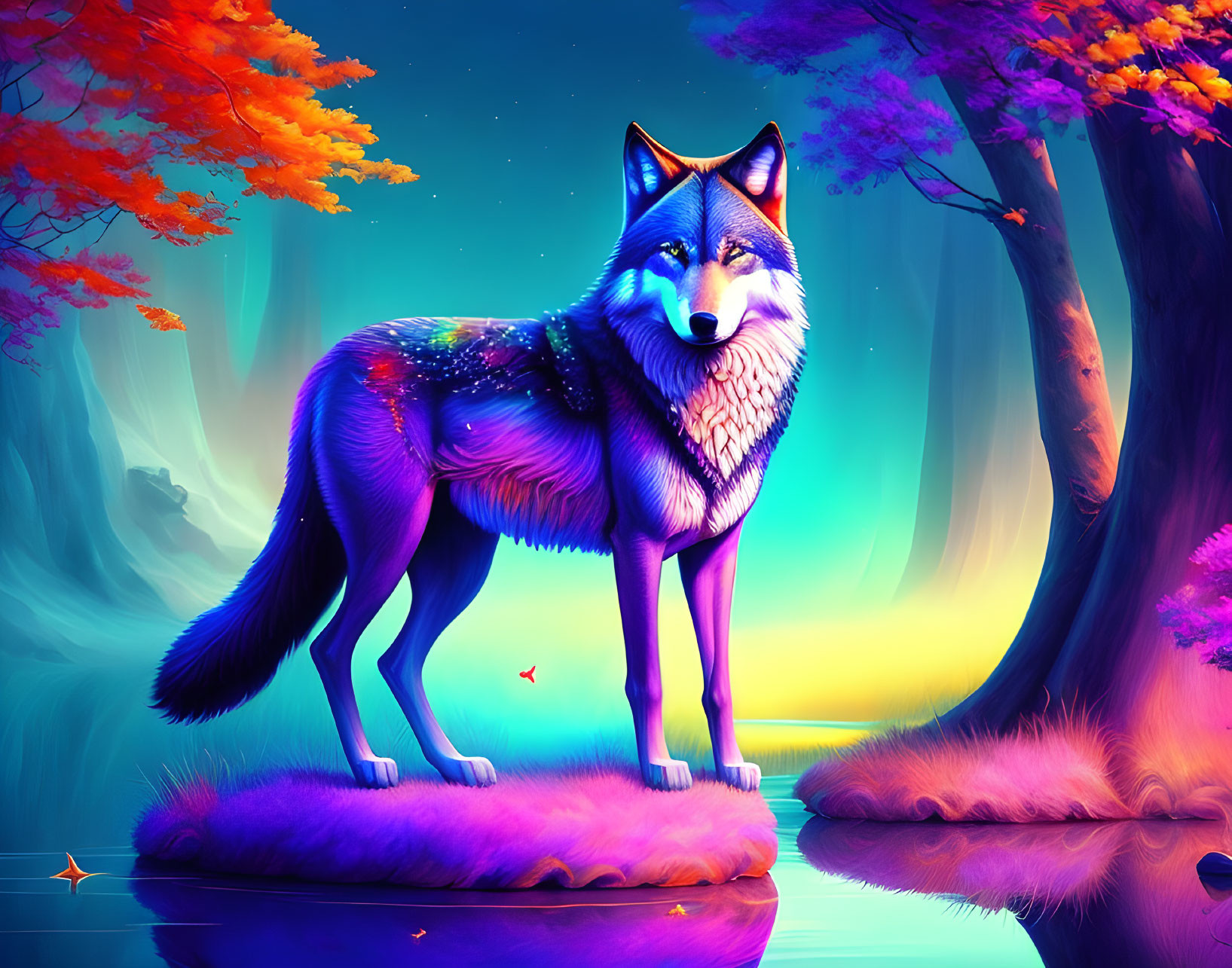 Colorful Cosmic Wolf in Neon Forest with Surreal Sunset