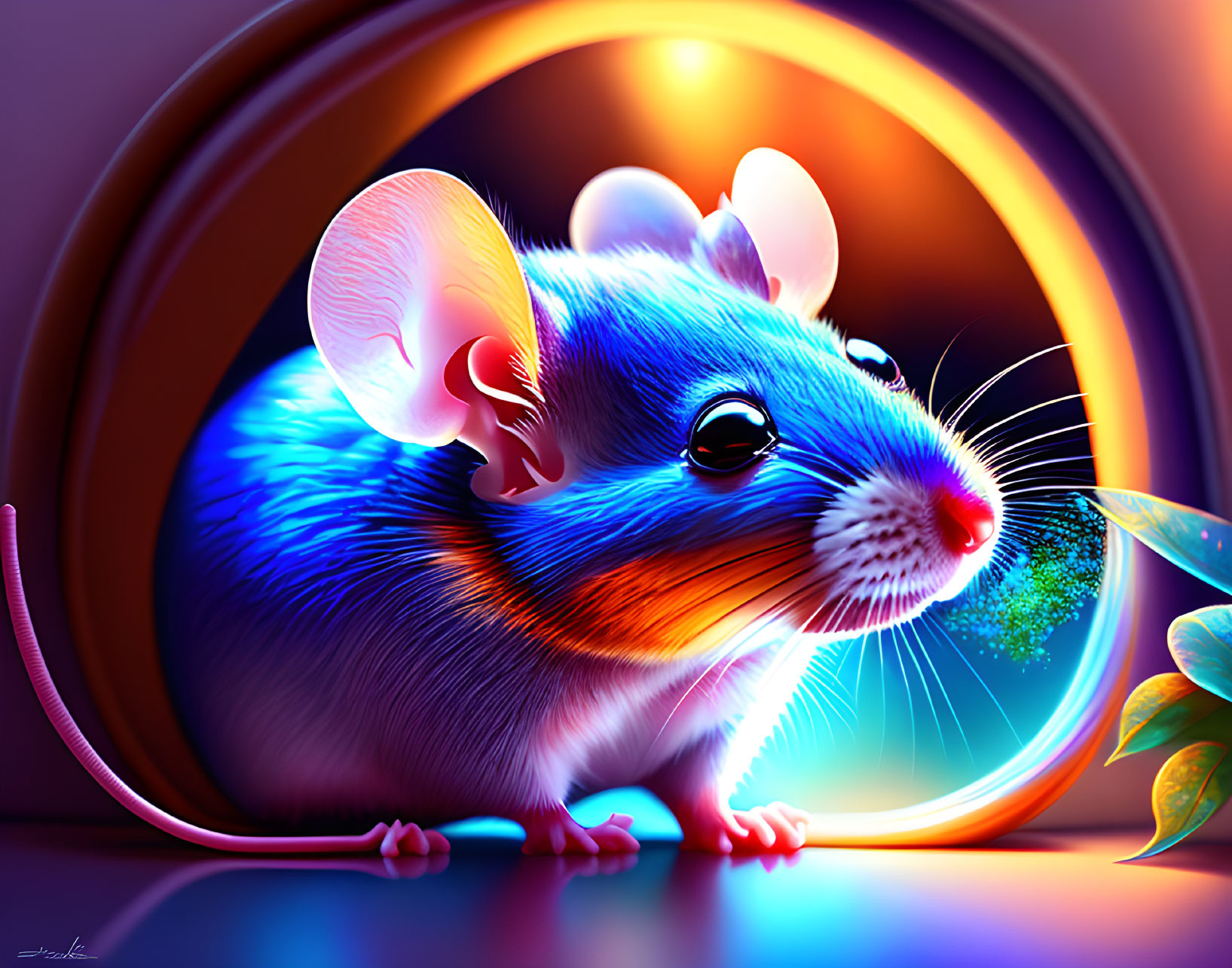 Luminous blue mouse illustration with translucent ears on vibrant backdrop