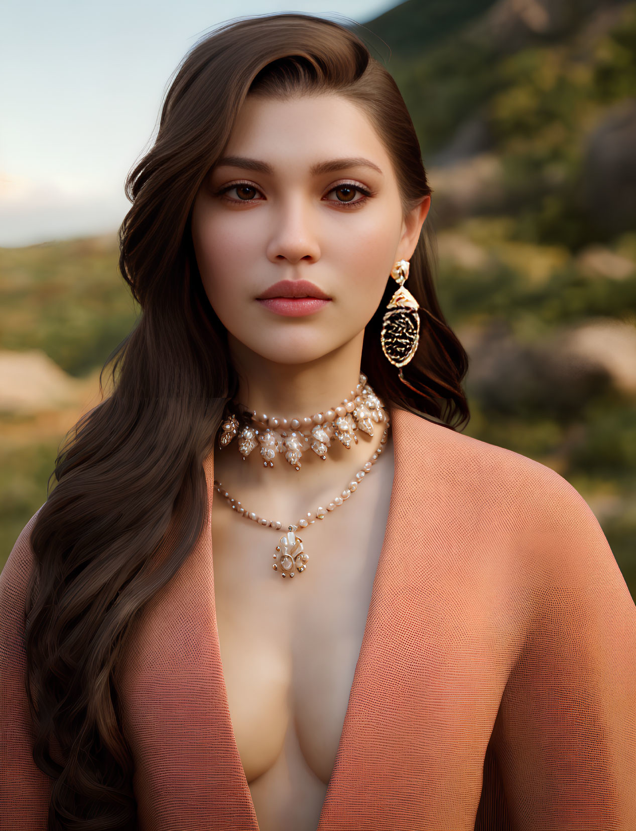 Brown-haired woman in gold jewelry and peach top against mountain backdrop