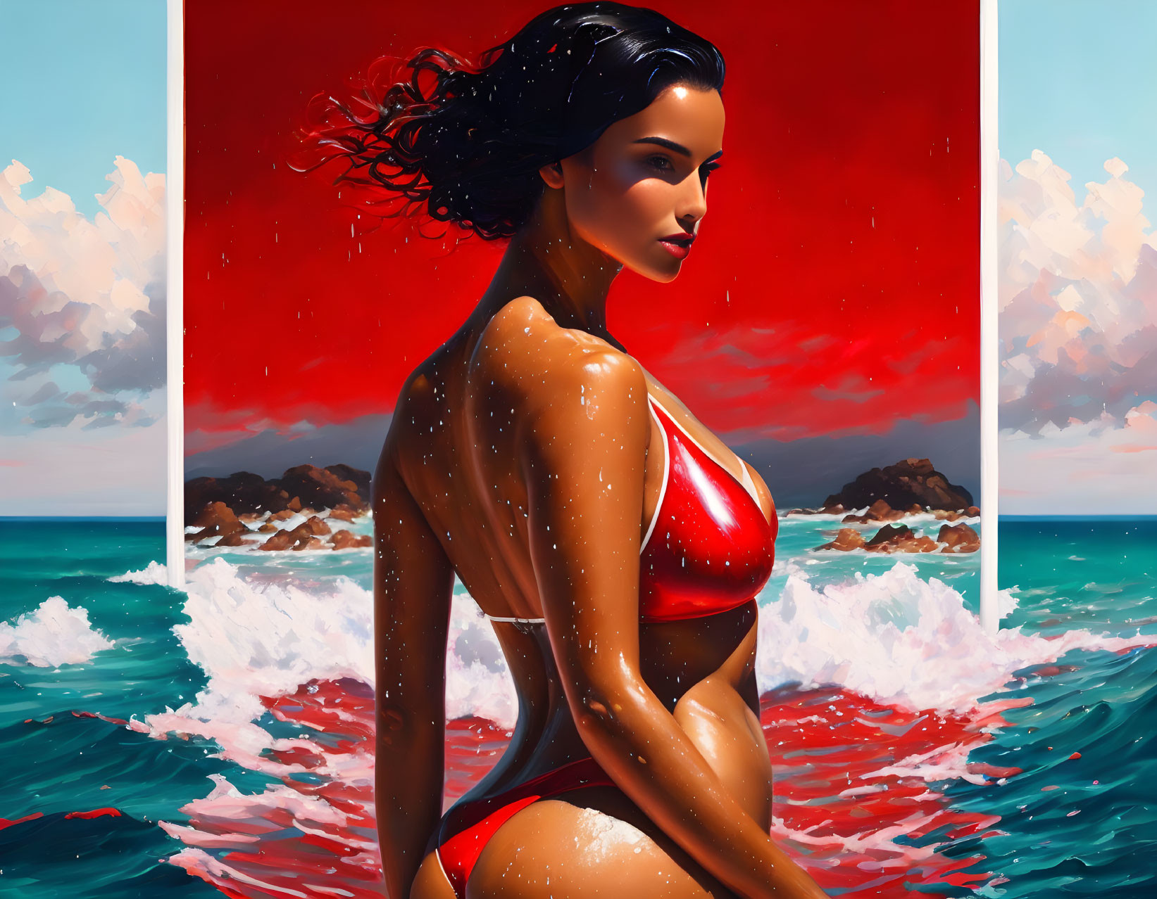 Woman in red swimsuit standing in sea with crashing waves and rocky cliffs under cloudy sky