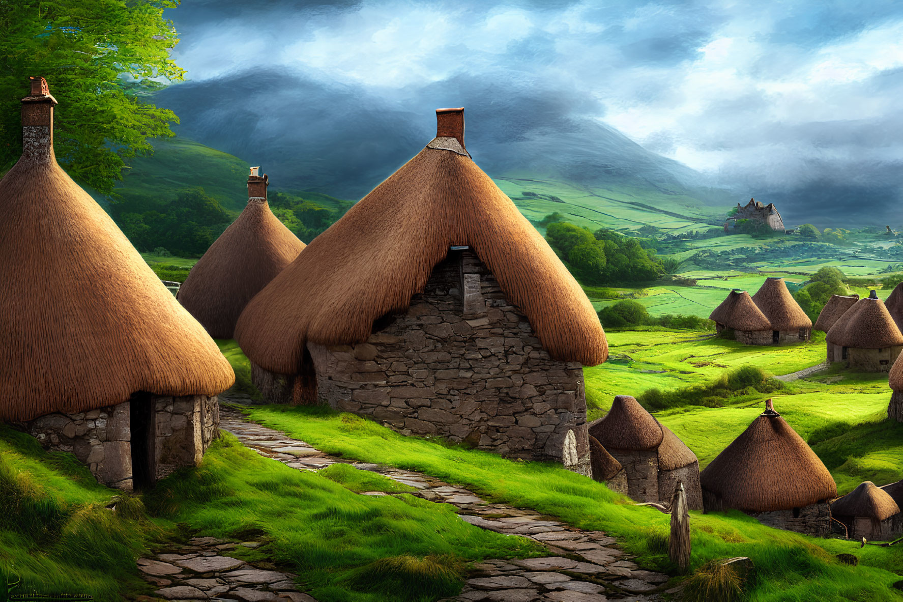 Stone cottages with thatched roofs near misty castle and green hills