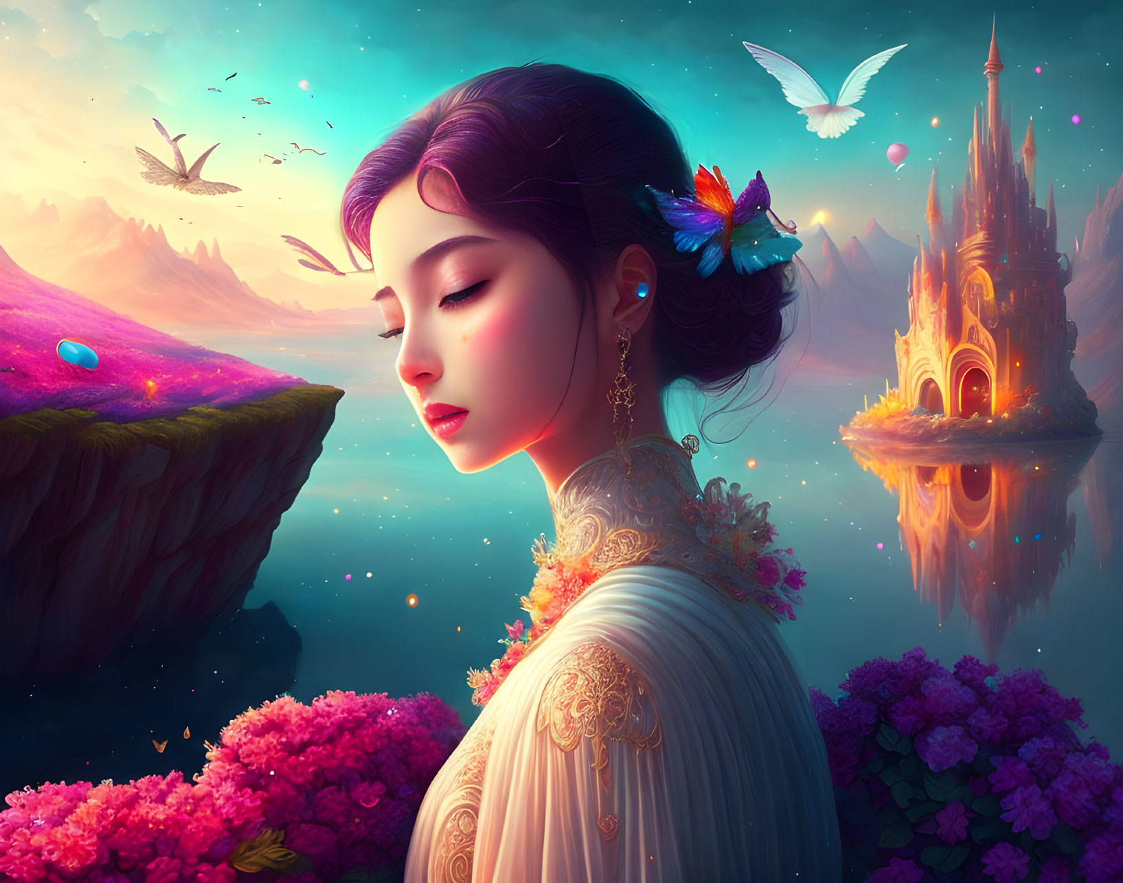 Woman with flowers in hair gazes at floating island and glowing castle in fantastical landscape.