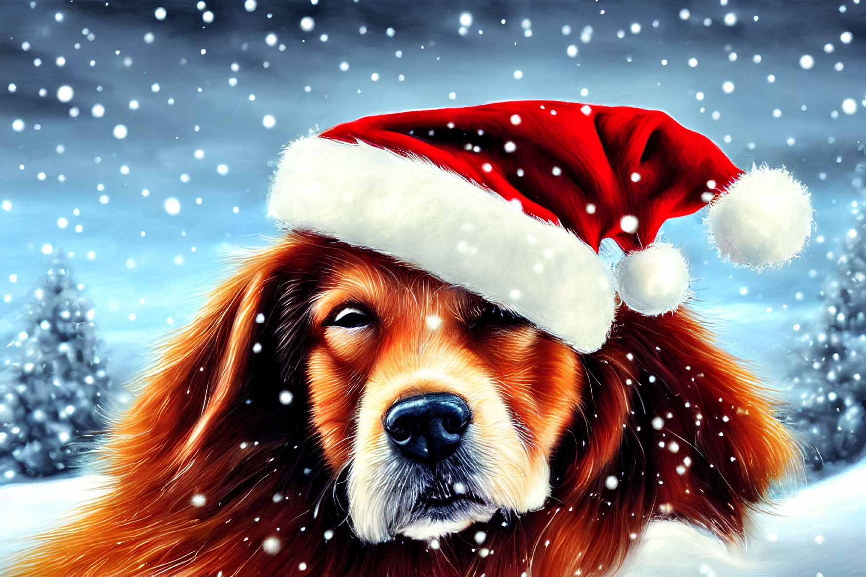 Fluffy dog in Santa hat in snowy scene