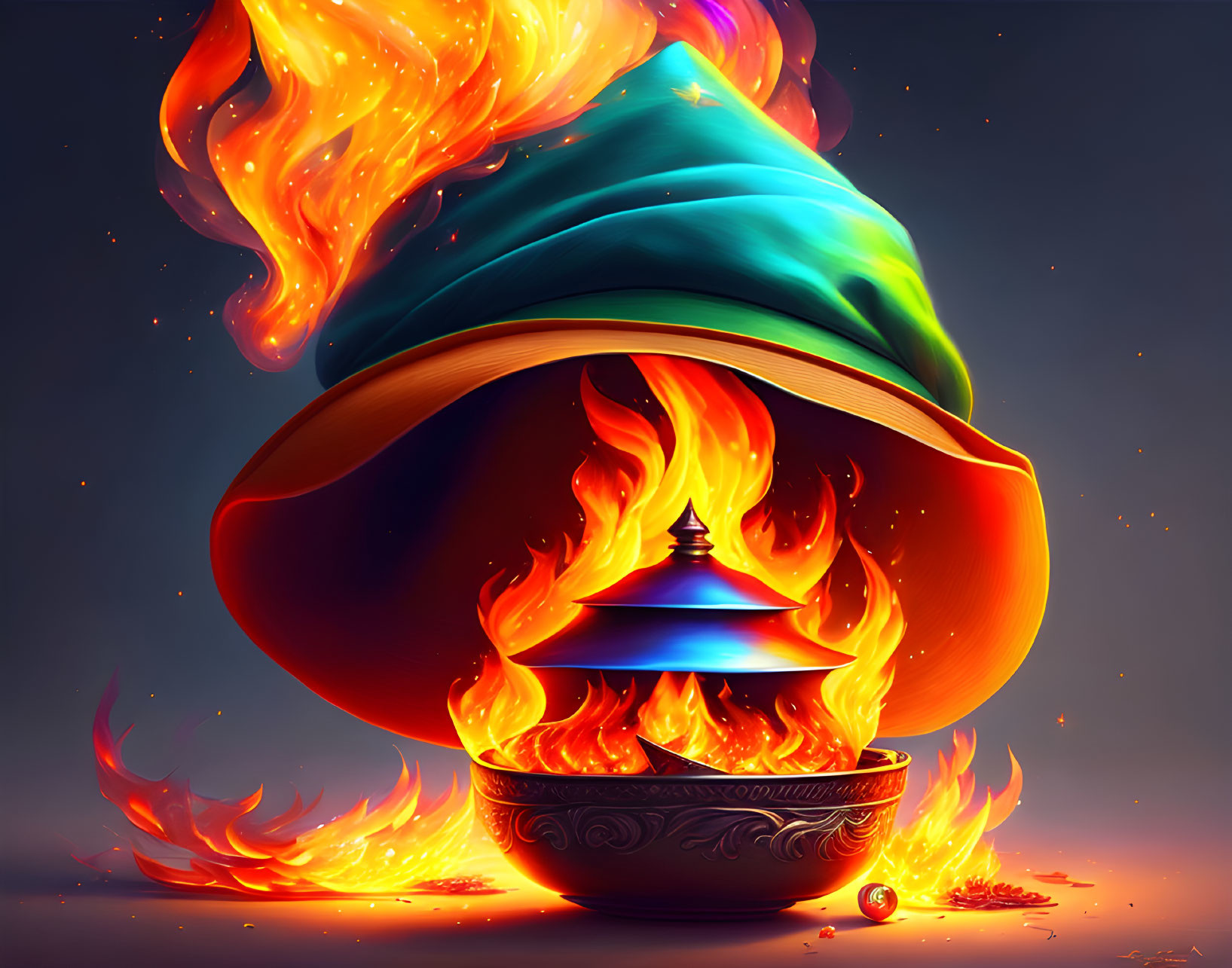 Colorful Illustration: Magical Lamp with Intense Flames and Wizard's Hat