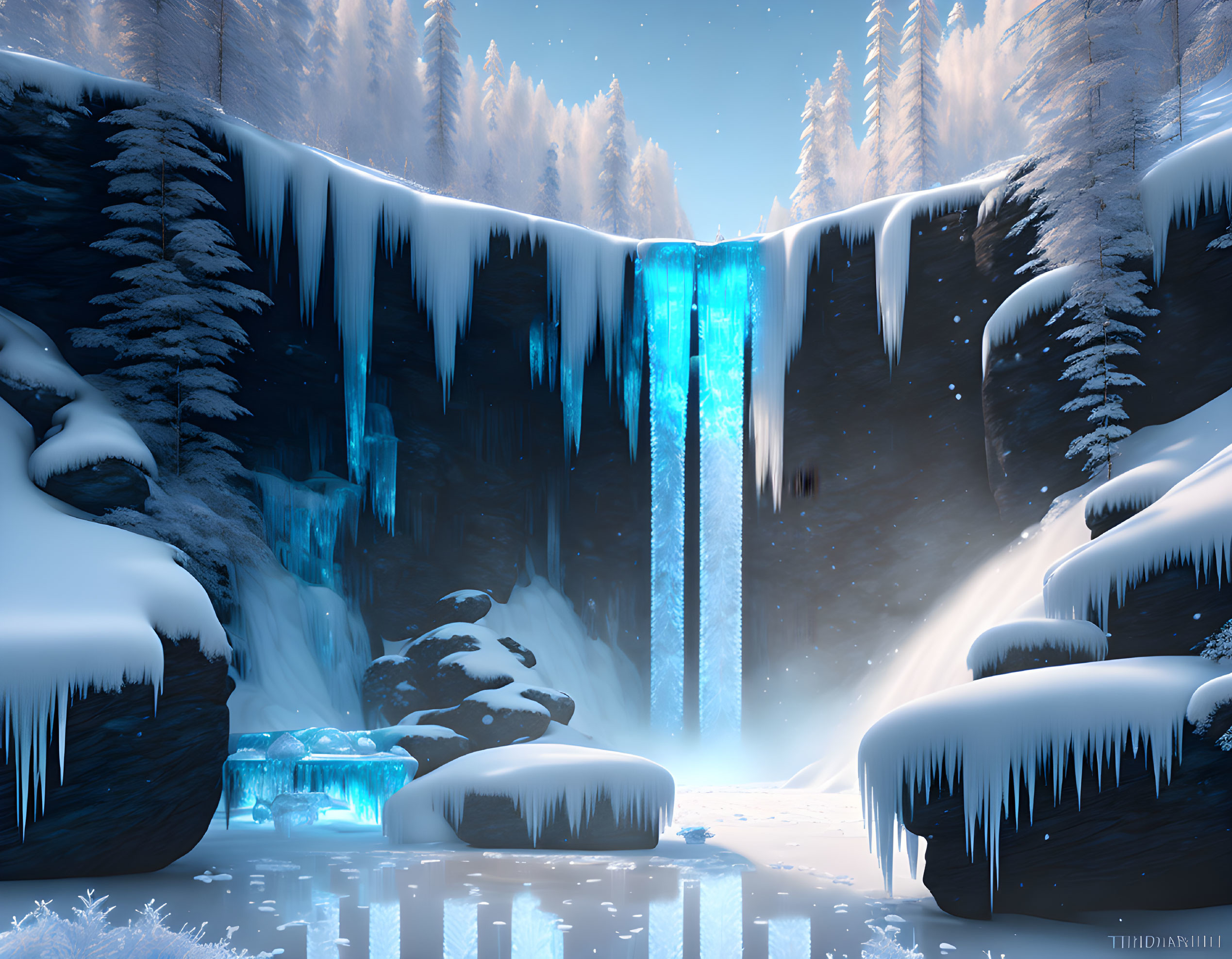 Majestic ice-blue waterfall in serene winter landscape