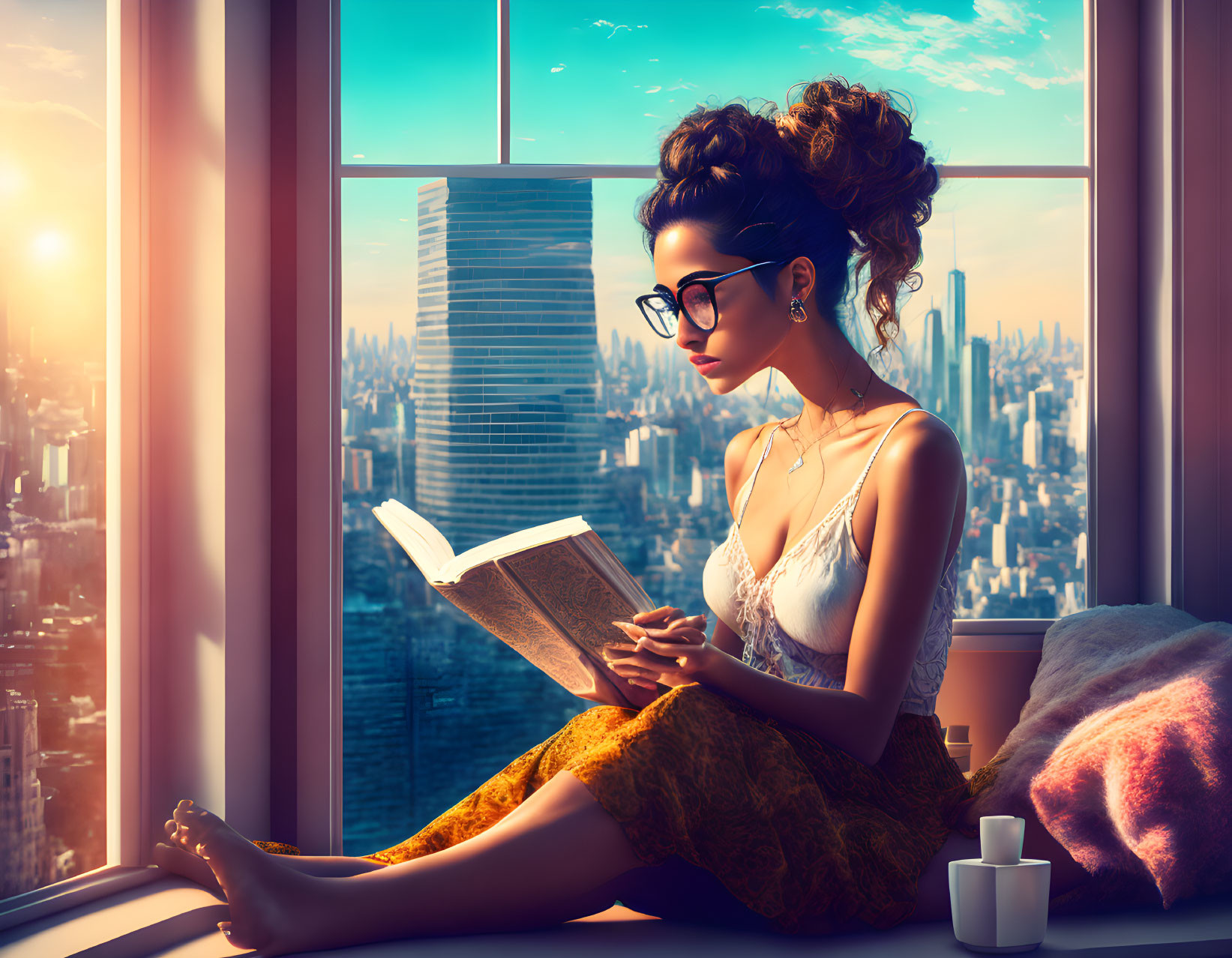 Woman reading by large window overlooking city skyline at sunset.