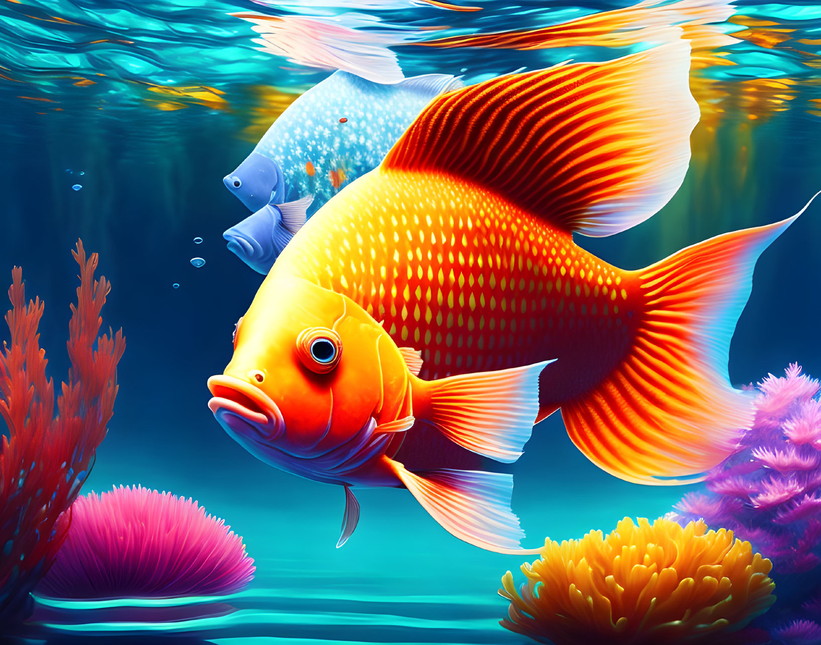 Colorful Underwater Scene with Orange and Blue Fish