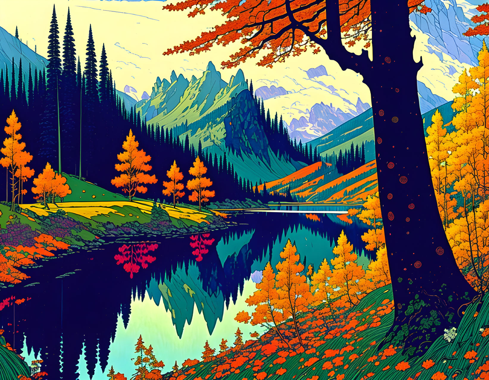 Colorful autumn mountain landscape with lake reflection.