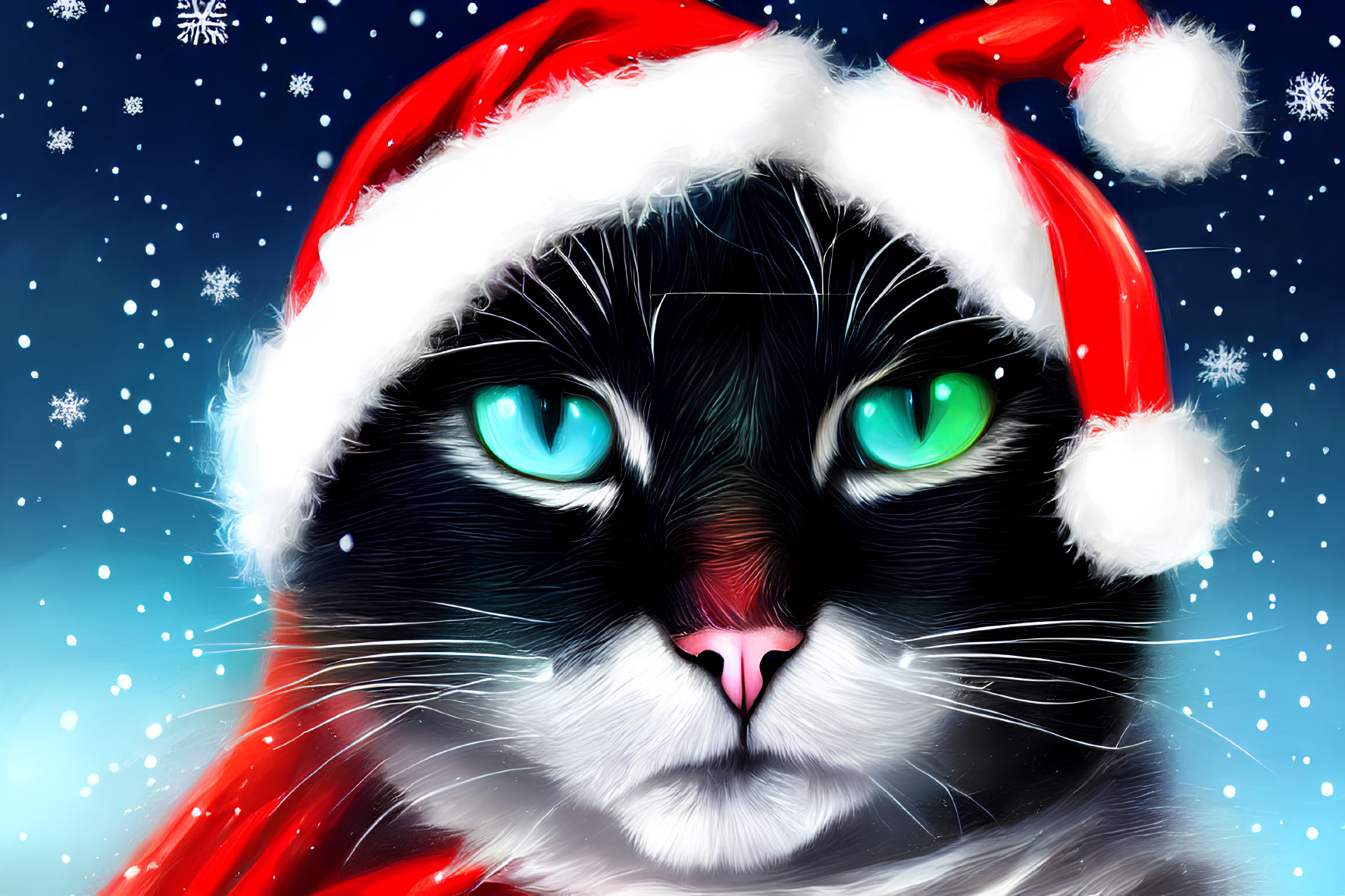 Black and White Cat in Santa Hat with Green Eyes on Snowy Blue Background