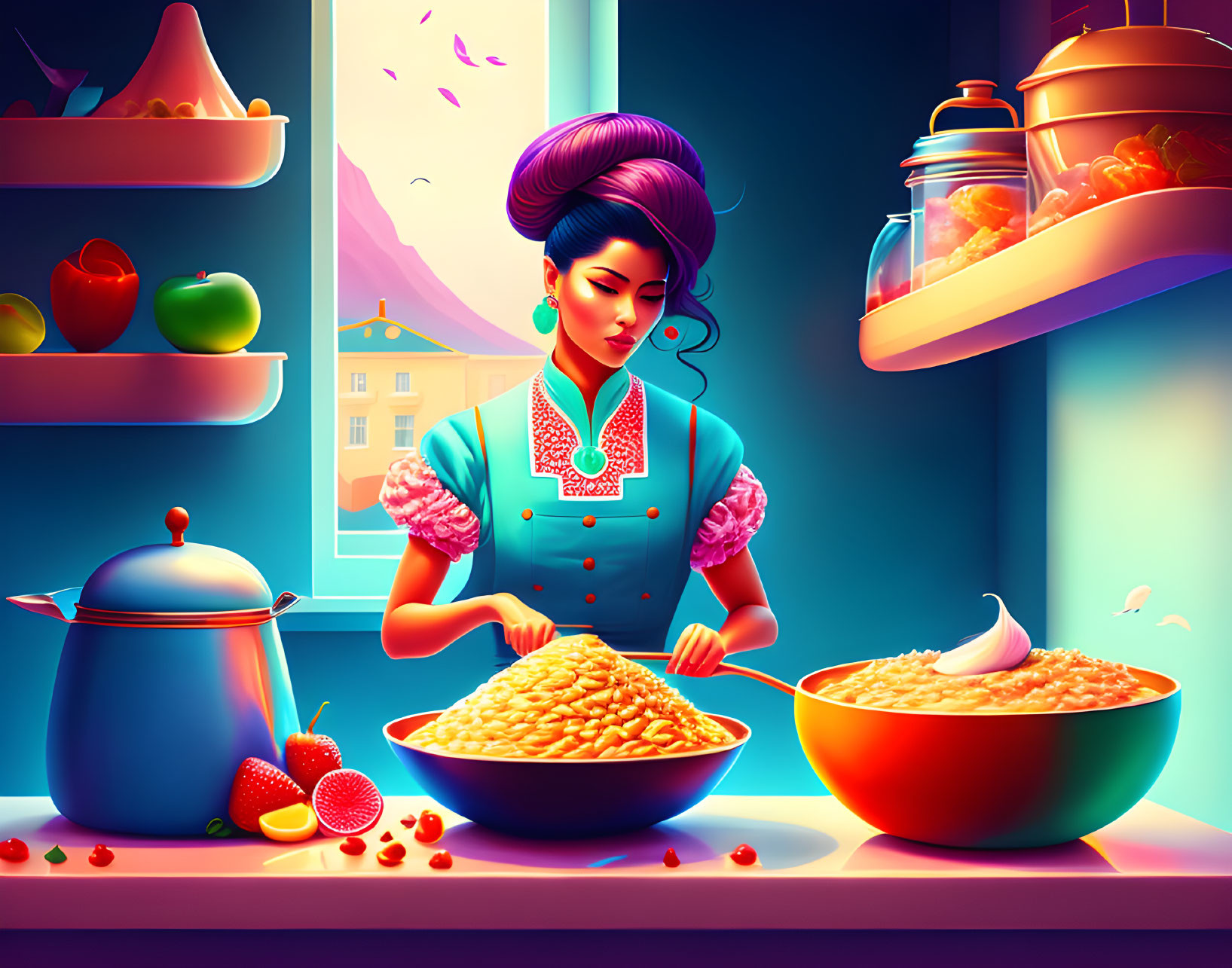 Vibrant retro kitchen illustration with woman cooking and cityscape view