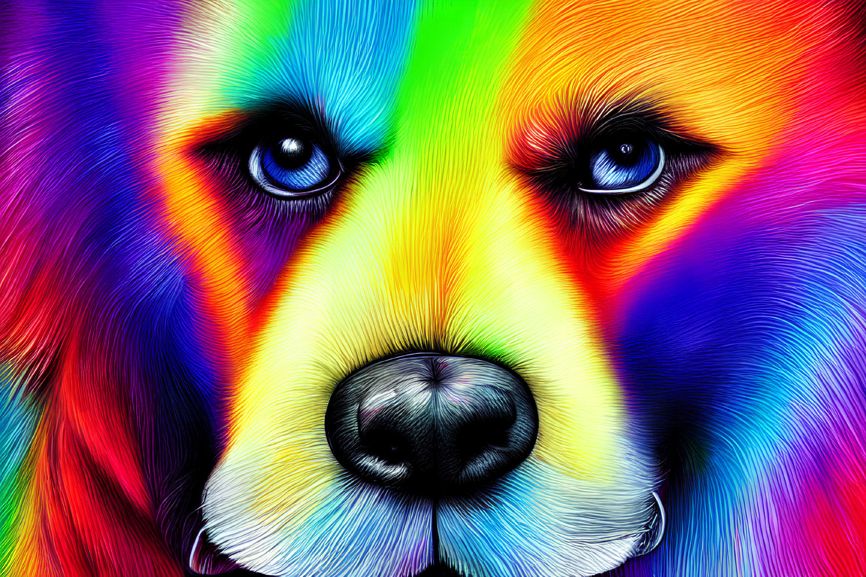 Colorful Psychedelic Dog Face Artwork with Intense Eyes