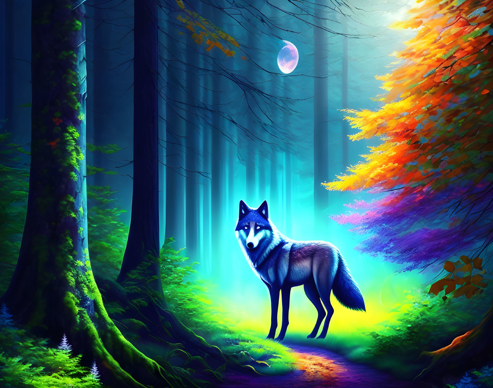 Majestic wolf in vibrant, colorful forest under full moon