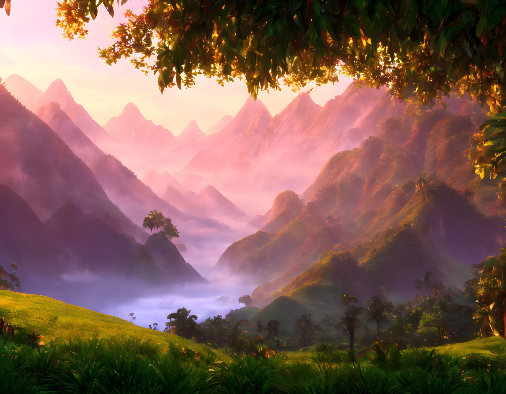 Tranquil sunrise landscape with rolling hills and colorful sky