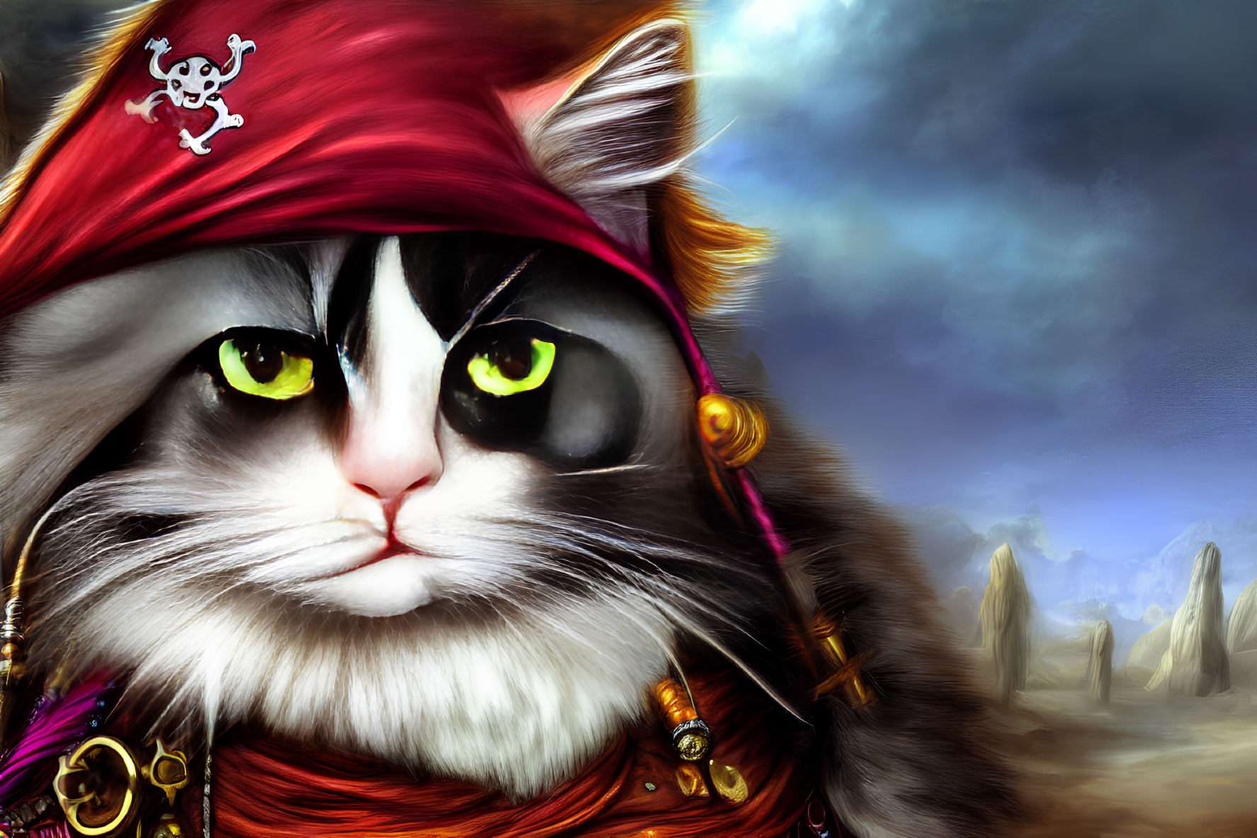 Digital artwork: Cat pirate with bandana and earring in stormy backdrop