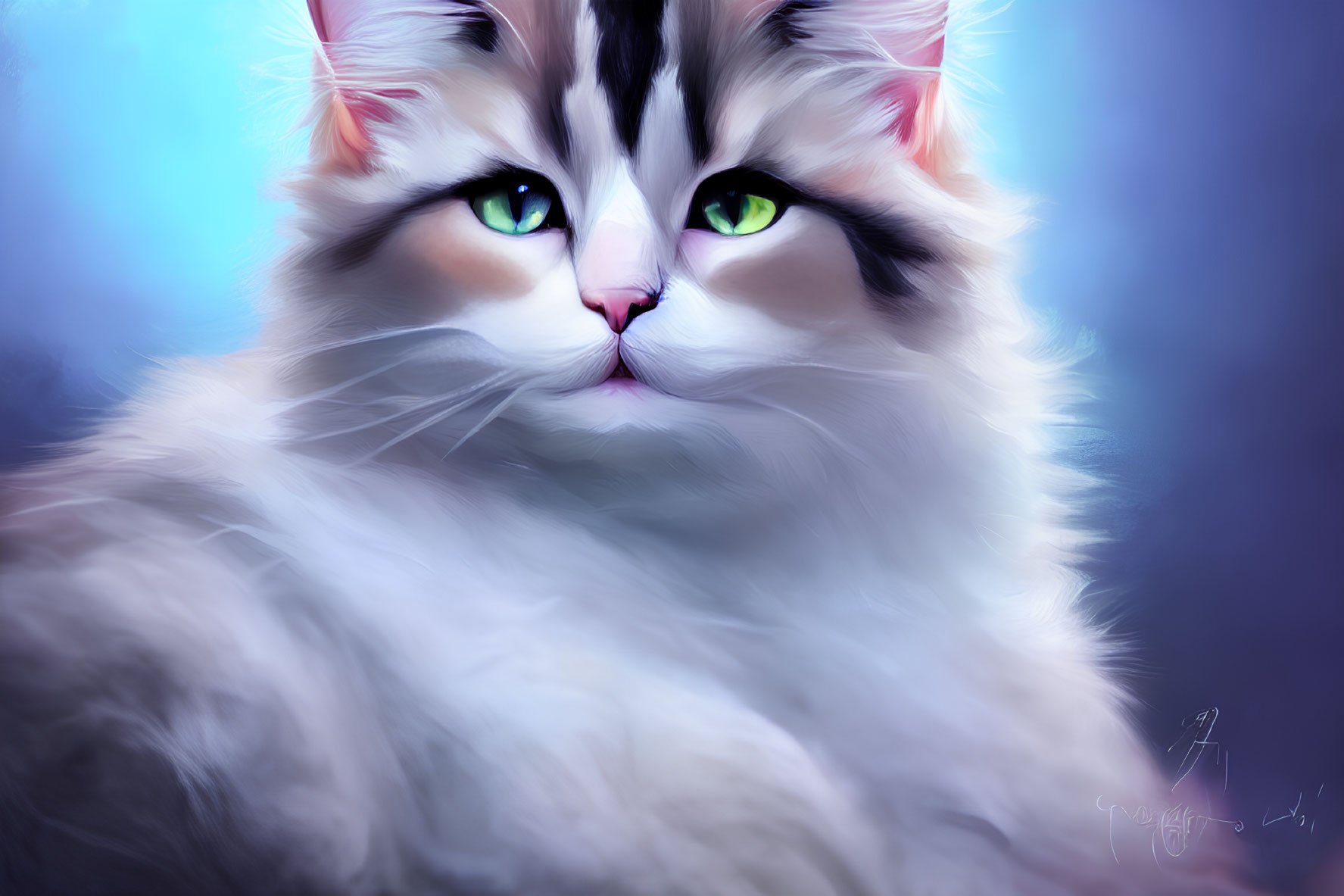 Fluffy long-haired cat with green eyes on blue background