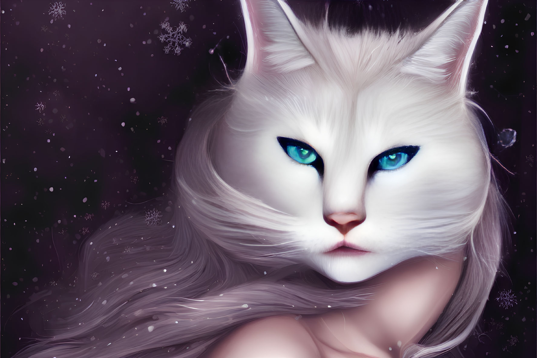 Fantastical white cat creature with blue eyes on starry purple background