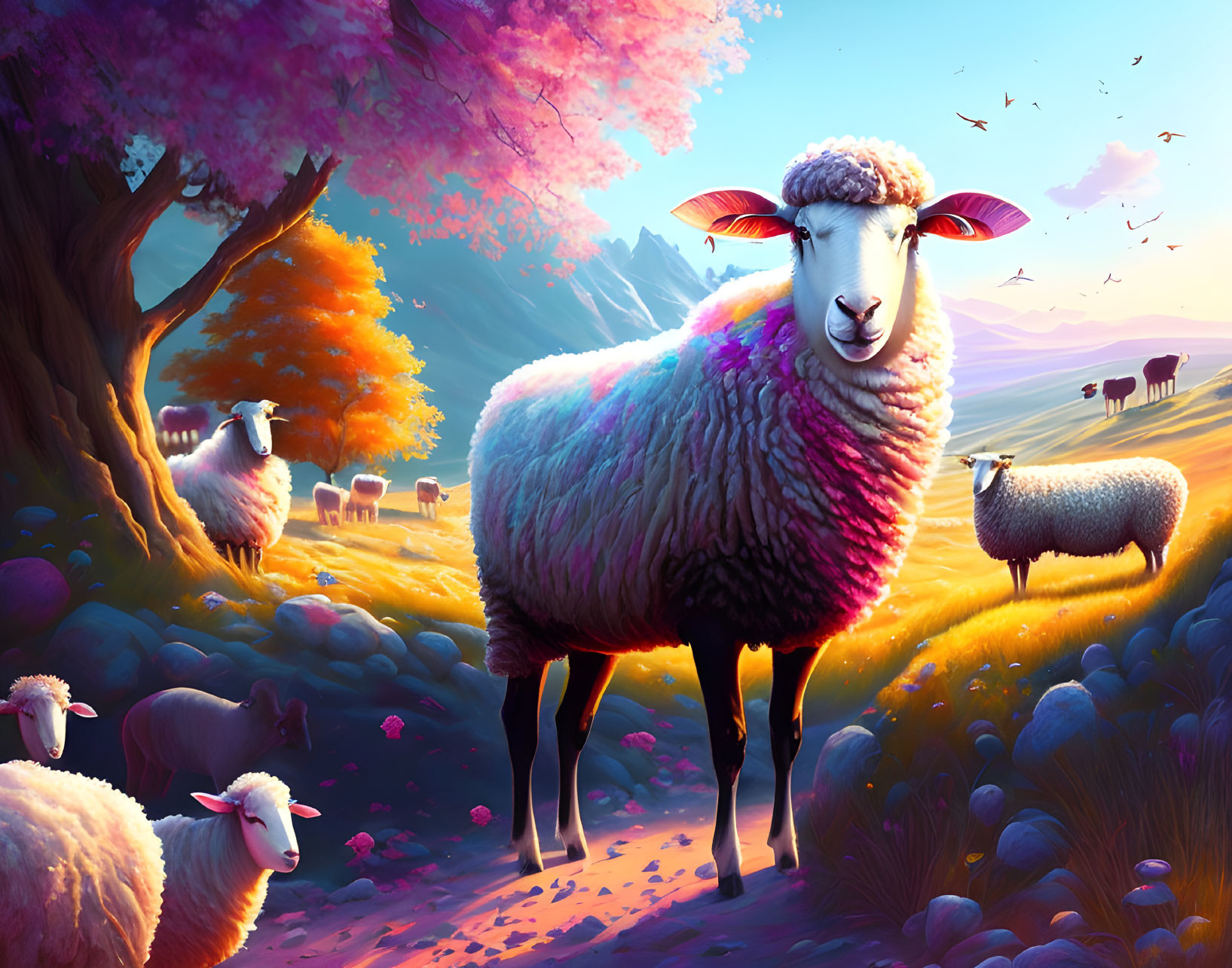 Colorful Sheep Illustration in Whimsical Landscape