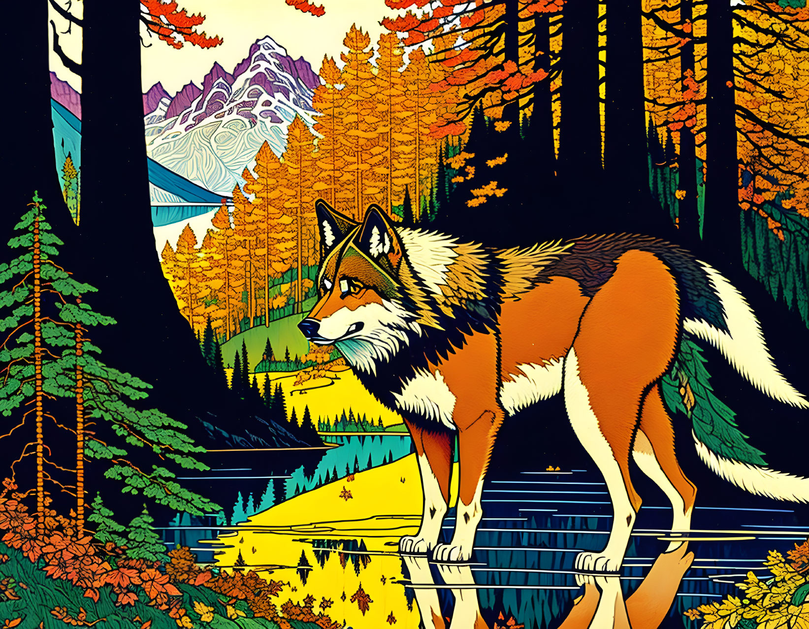 Vibrant wolf artwork in autumn forest with mountains and lake