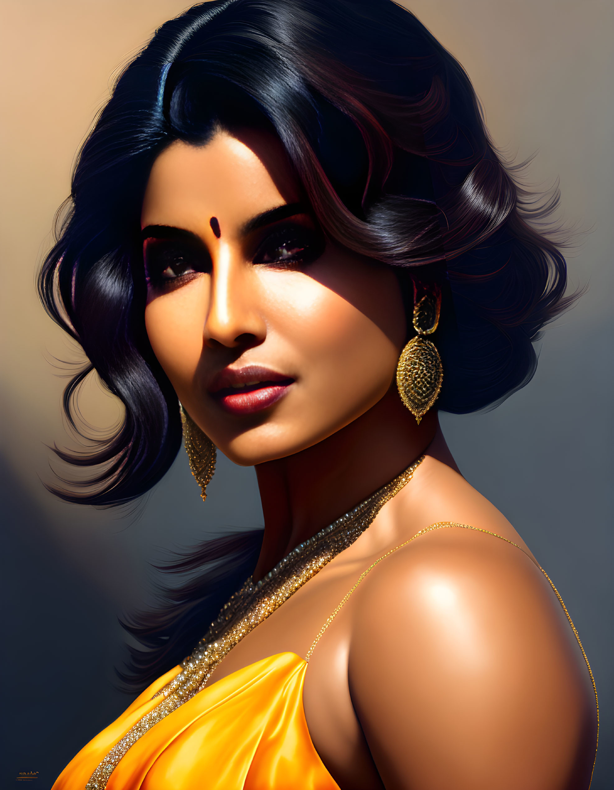 Portrait of Woman with Voluminous Wavy Hair and Gold Sari