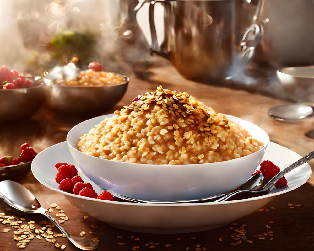 Nutritious grain bowl with seeds, raspberries, and kettle on table