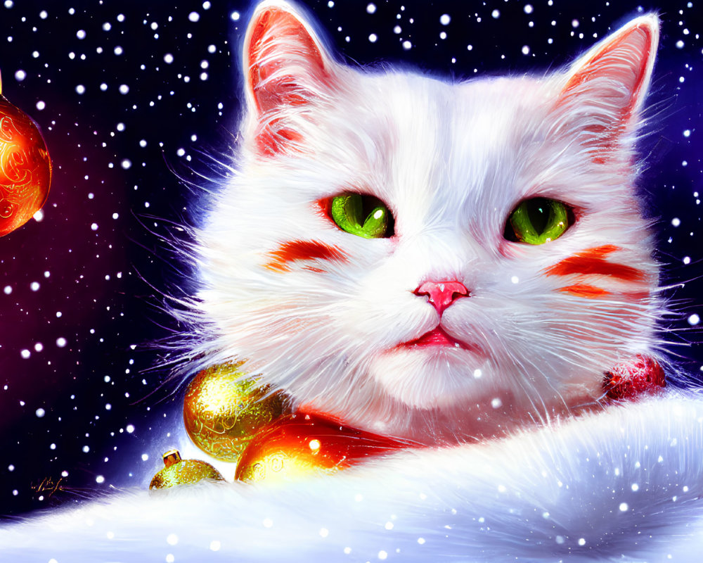 White Cat with Green Eyes in Snow with Christmas Decorations