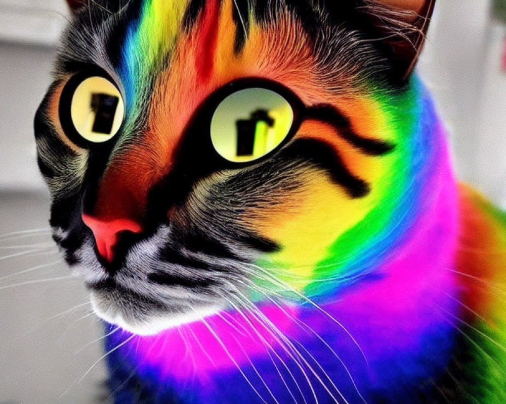 Multicolored cat with vibrant yellow eyes in rainbow hues