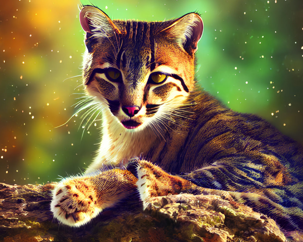 Colorful Cat Artwork with Striking Eyes and Patterned Coat on Rock