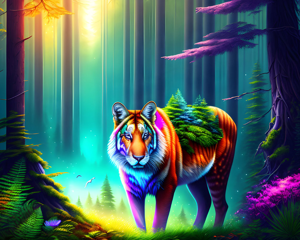 Colorful Tiger Artwork in Enchanted Forest with Sunlight Rays