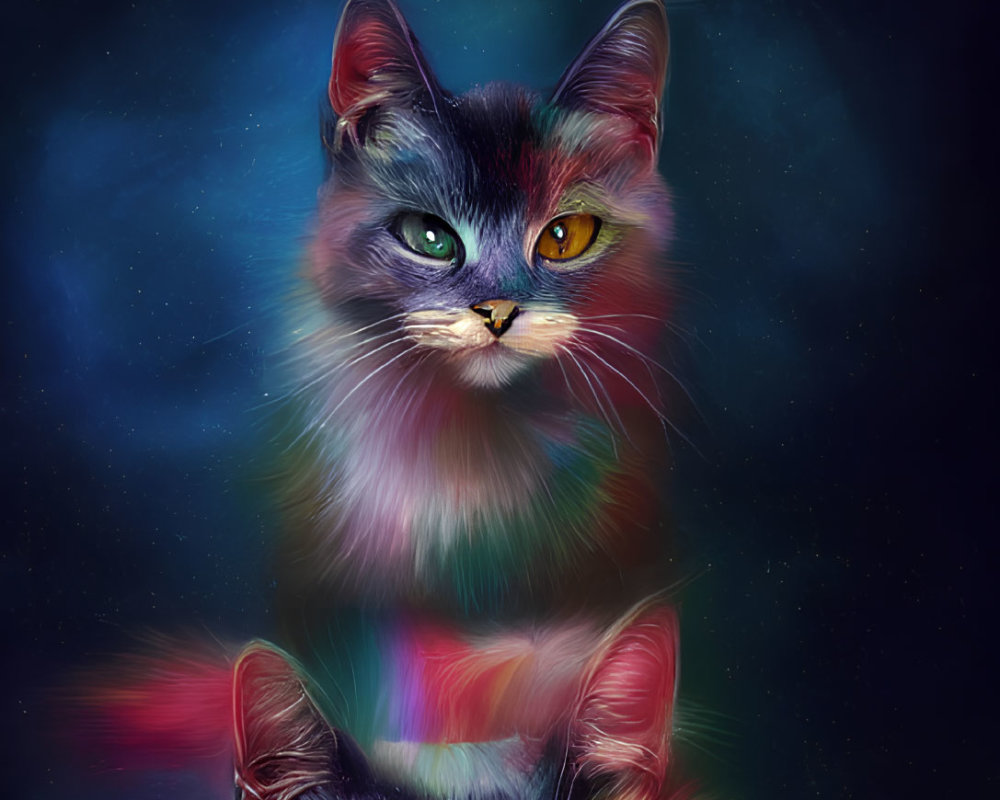 Colorful Cosmic Cat Art Against Starry Background