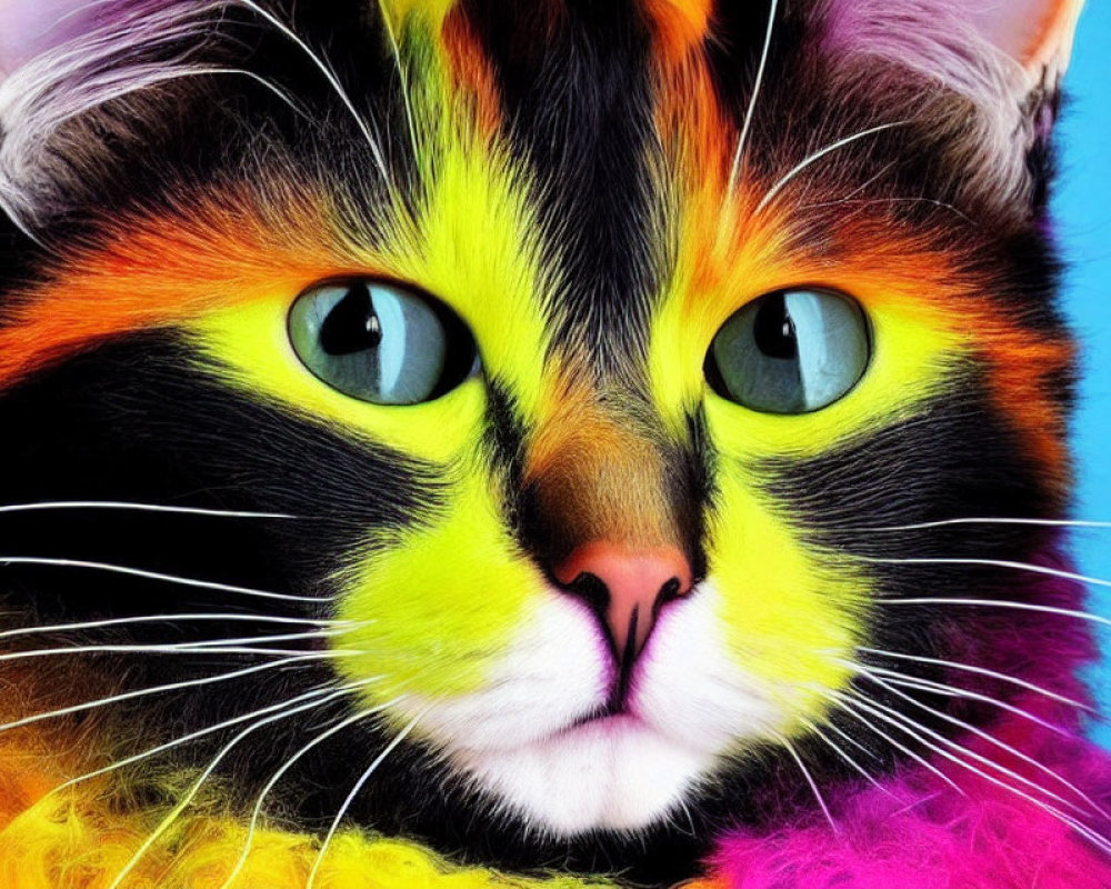 Colorful Close-Up of Cat with Vibrant Fur on Blue Background