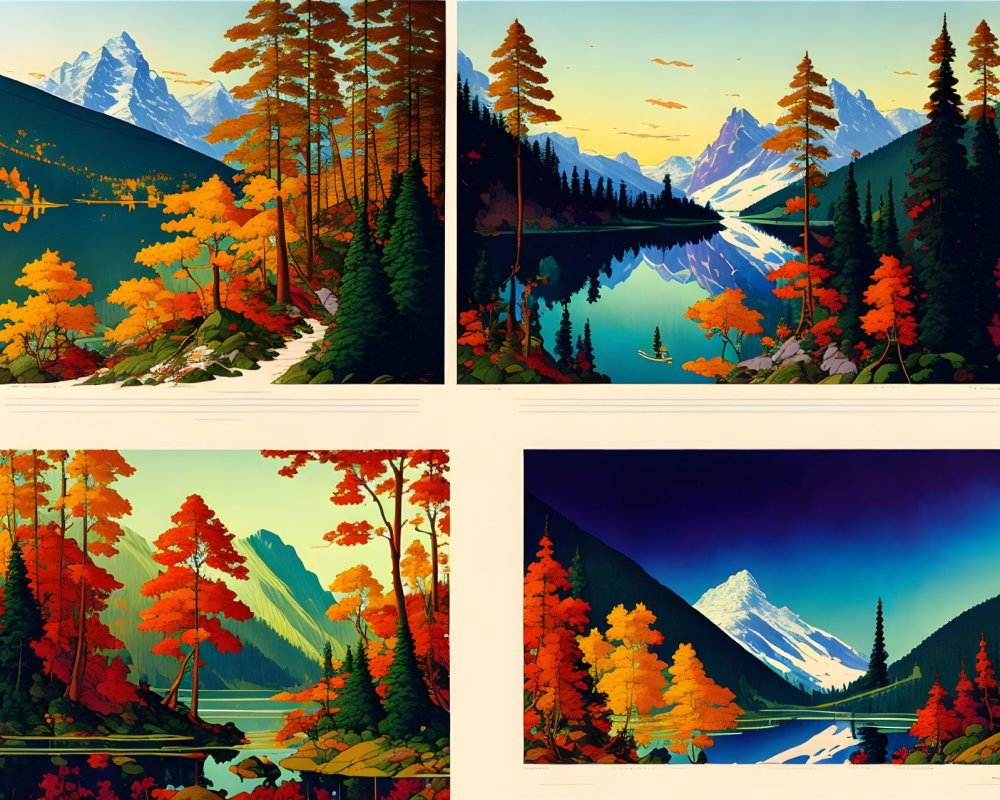 Four stylized illustrations of autumn mountain landscapes with vibrant trees, lake reflections, and clear skies.