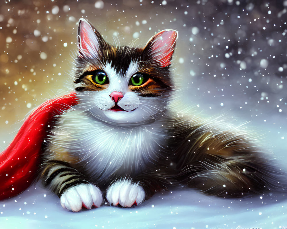 Fluffy Cat in Red Scarf Gazing in Snowstorm