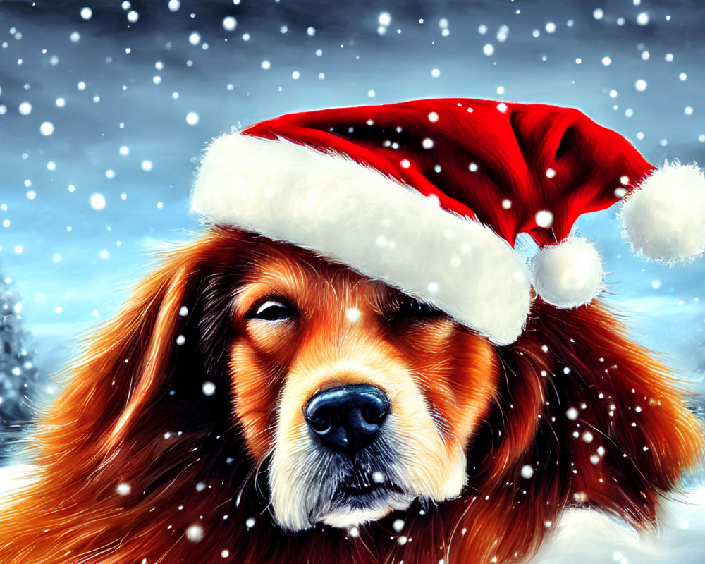 Fluffy dog in Santa hat in snowy scene