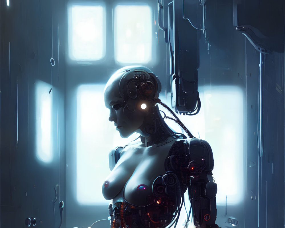 Futuristic female android with intricate mechanical details in contemplation