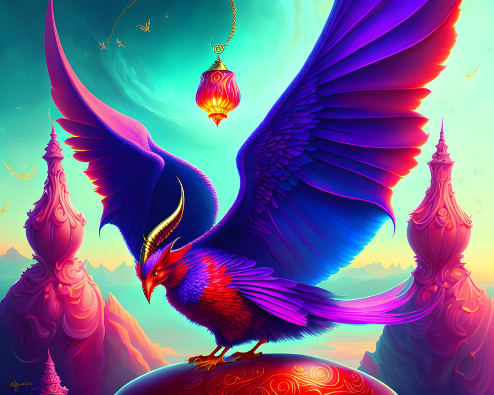 Colorful Phoenix Perched on Sphere with Minarets in Twilight Sky