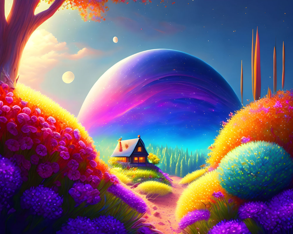 Colorful landscape with cottage, lush flora, giant planet, moons