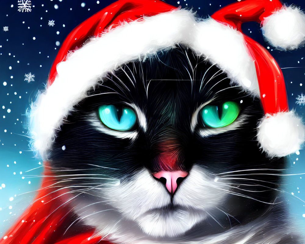 Black and White Cat in Santa Hat with Green Eyes on Snowy Blue Background