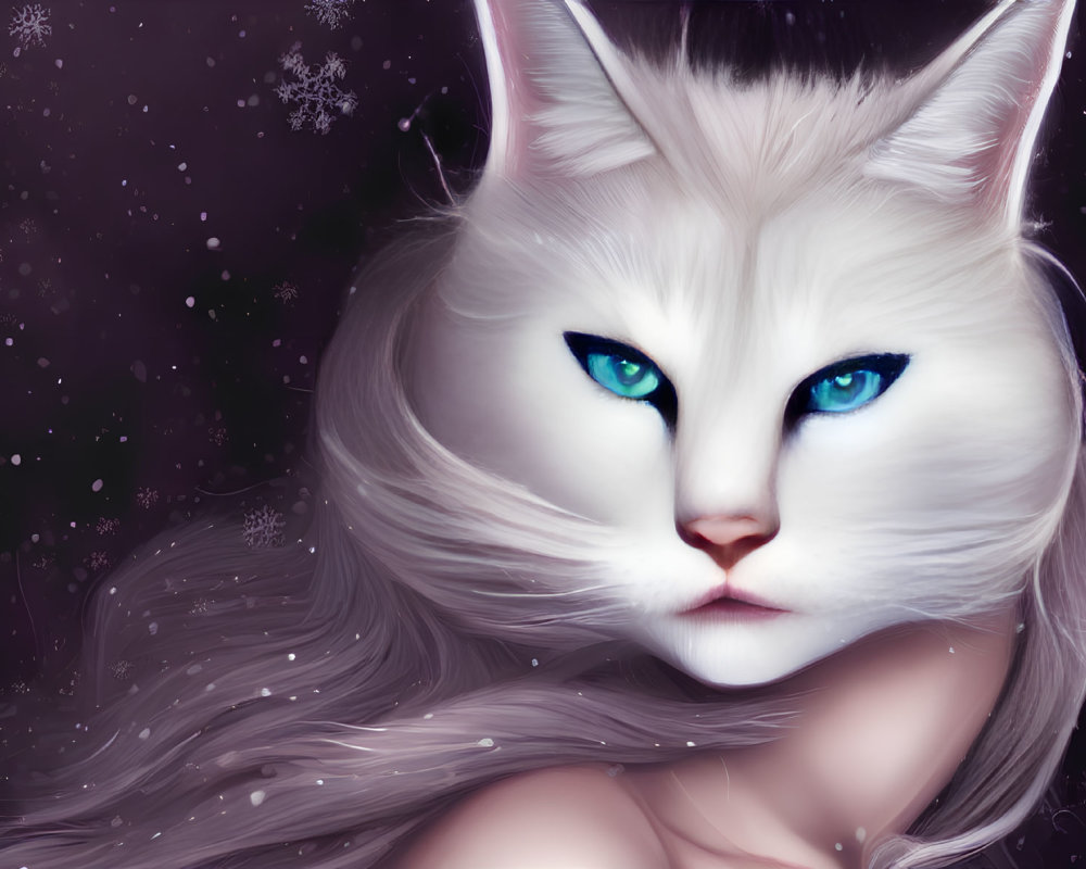 Fantastical white cat creature with blue eyes on starry purple background