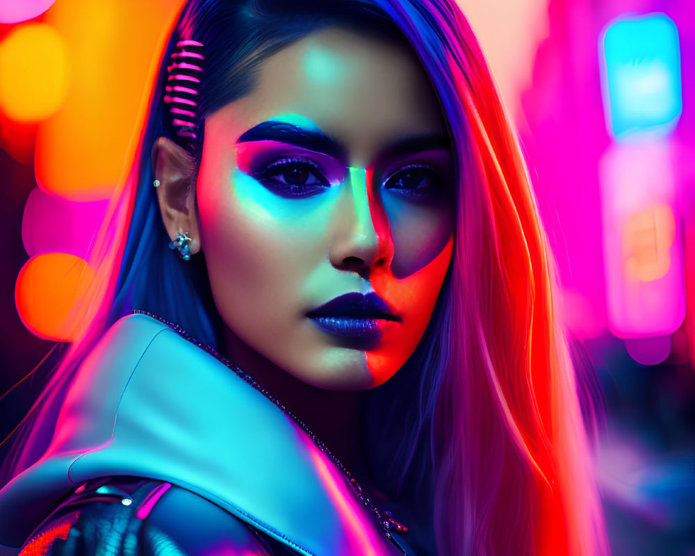 Striking makeup on confident woman in neon-lit urban scene