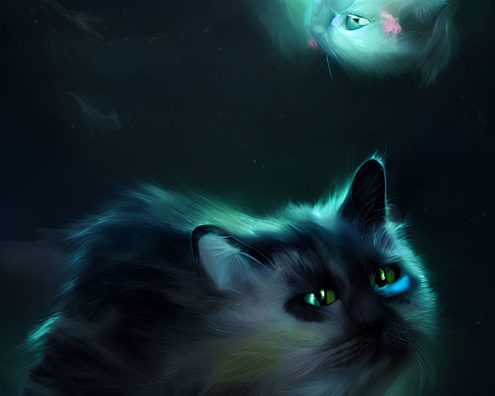 Digital Artwork: Two Cats with Glowing Eyes, One Grounded, One Translucent in Sky