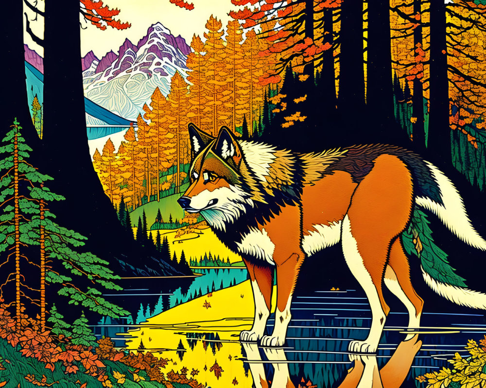 Vibrant wolf artwork in autumn forest with mountains and lake