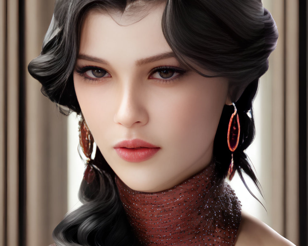 Detailed Photorealistic Rendering of Woman with Black Wavy Hair and Red Garment