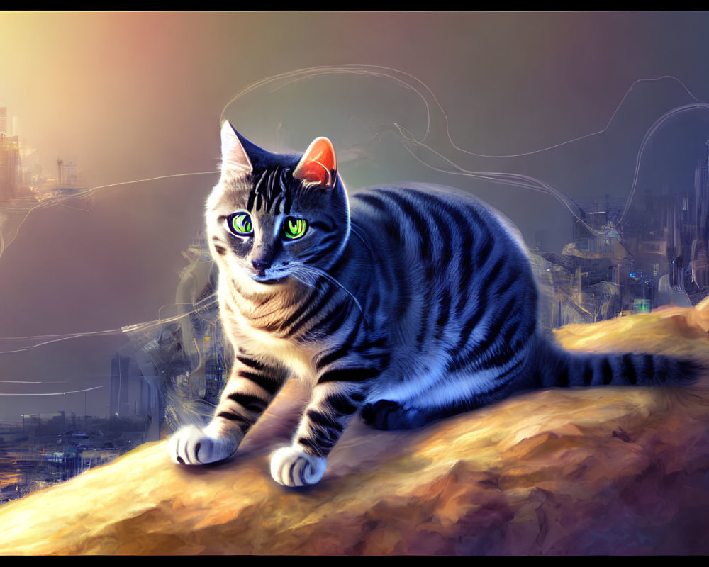 Striped cat with green eyes on rocky outcrop in futuristic cityscape glow