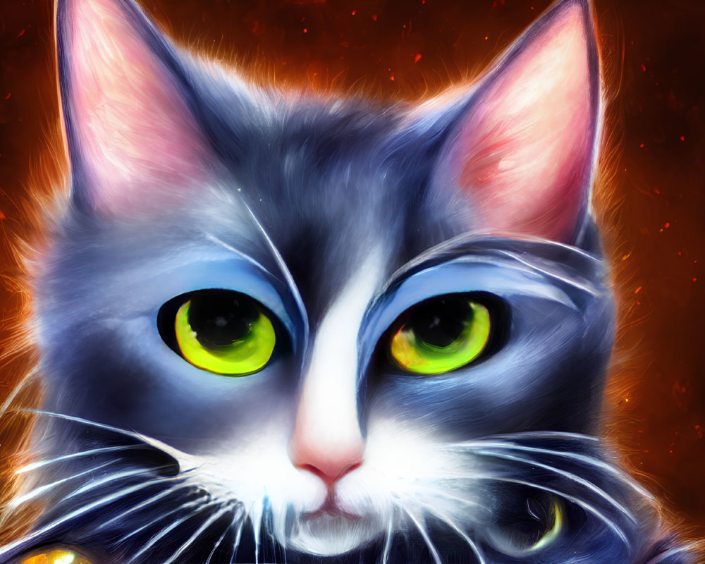 Detailed digital painting of a cat with green eyes and grey fur on warm red and orange backdrop