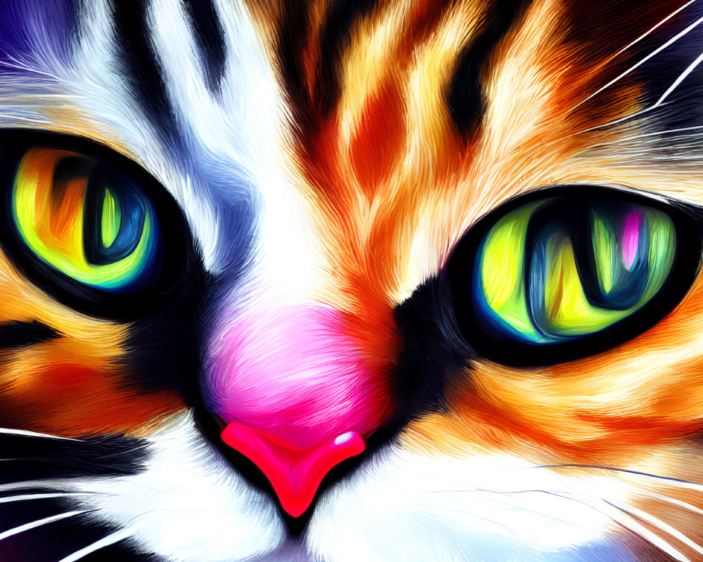 Vibrant close-up digital cat face artwork with green eyes, orange fur, and white whiskers